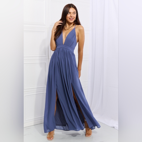 One The Land Captivating Muse Designer Blue V Neck Open Crossback Maxi Dress - Picture 3 of 5